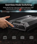 Close-up of DC To DC MPPT Battery Charger 12V 40A 670W Dual Charging showing mode switch button and seamless mode switching text