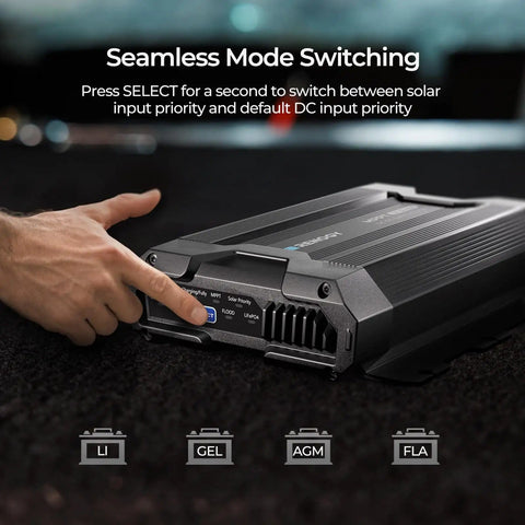 Close-up of DC To DC MPPT Battery Charger 12V 40A 670W Dual Charging showing mode switch button and seamless mode switching text