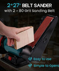 Rock Solid Bench Grinder And Belt Sander Combo With A Tough Induction Motor tackling woodworking with 2x27 inch belt sander in use.