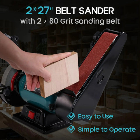 Rock Solid Bench Grinder And Belt Sander Combo With A Tough Induction Motor tackling woodworking with 2x27 inch belt sander in use.