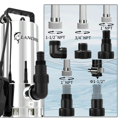 Beefy 1.6 HP Submersible Sump Pump With Stainless Steel Casing, 6000 GPH High Flow, 30 Ft Head, Automatic Float Switch, fittings diagram