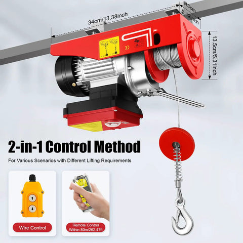 440 Pound Electric Chain Hoist 40 Foot Lift Height 110V Heavy Duty Workhorse with remote and wired control for lifting cargo.