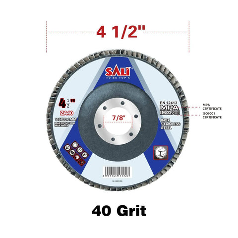 Front view of 100 Pack Zirconia Flap Discs 40 Grit 4.5 Inch By 7/8 Inch Bevel Type 29 Premium Industrial Grade Grinding Wheel
