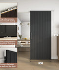 36X84 Inch Black Wood Sliding Barn Door With Concealed Tracks And Soft Close Hardware Kit Straight Up Smooth Glide showing top roller and floor guide.