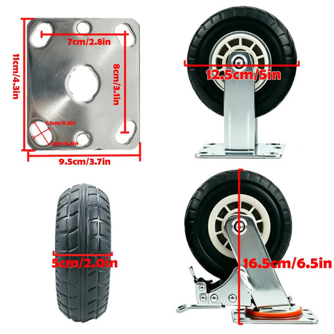 Five Inch Heavy Duty Casters Set Of Four Premium Swivel Rollers Built Tough As Nails Featuring Non Marking Rubber Wheels close up with size details.