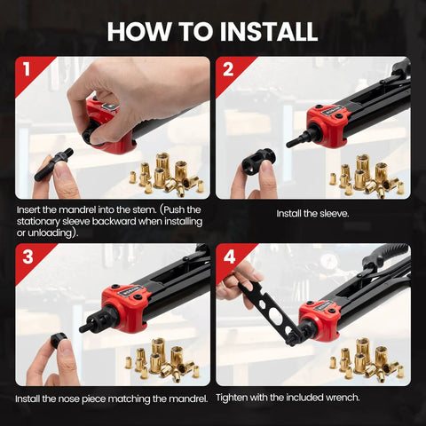 Installation steps for Rivet Nut Tool Kit With 16 Inch Heavy Duty Rivet Nut Tool 12 Mandrels Metric And SAE 230 Nuts.