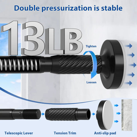 Close-up of 32 to 90 inch adjustable tension curtain rod in black with strong spring tension and quick twist end caps.