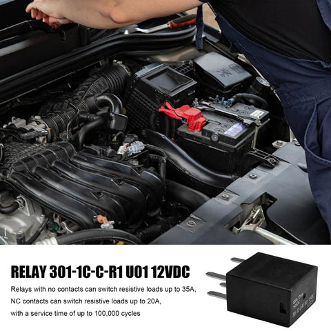Dead On 4 Pack 12 Volt 35 Amp Auto Power Relay shown in a car engine, five-pin heavy-duty switch for headlights and pumps.