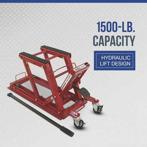 Heavy Duty Hydraulic Motorcycle Lift And Utility Vehicle Stand With 1500 Lb Capacity Smooth Glide Pump Rock Solid Steel Frame Tough Paint Job For Garage Mechanics And Bike Lovers