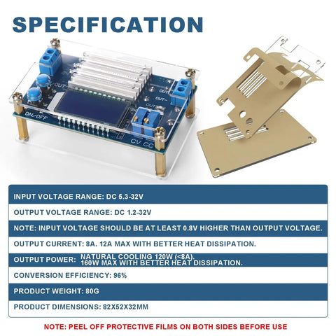 Dope Adjustable DC Buck Converter Power Supply From 5.3V To 32V Down To 1.2V To 32V With LCD Display, heat sink, and acrylic case