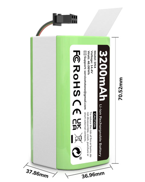 Top Shelf Heavy Duty 14.4V 3200mAh Replacement Battery Fits Like A Charm For Eufy RoboVac And Ecovacs Deebot Robot Vacuums, side view with dimensions.
