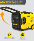 6500-Watt RV Ready Portable Inverter Generator With Quiet Technology and CO Shield, yellow with folding handle and wheels