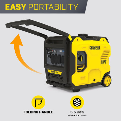 6500-Watt RV Ready Portable Inverter Generator With Quiet Technology and CO Shield, yellow with folding handle and wheels