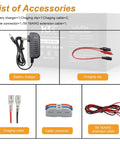 Image of 24V 6Ah LiFePO4 Deep Cycle Battery Kit accessories with charger, charging cables, extension cables, and connectors.