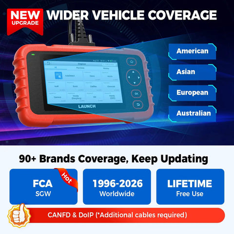 CRP129X V3.0 Elite OBD2 Scanner showing screen interface, supports multiple regions and vehicle brands, with lifetime updates