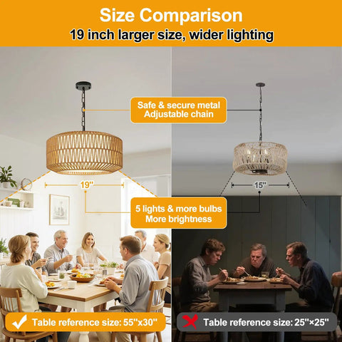 Five Light Hand Woven Rattan Chandelier With Totally Adjustable Drop From Nine To Fifty Two Inches And Soft Linen Shades For Kitchen Island Super Cozy Glow, 19 inch size comparison for wider lighting.