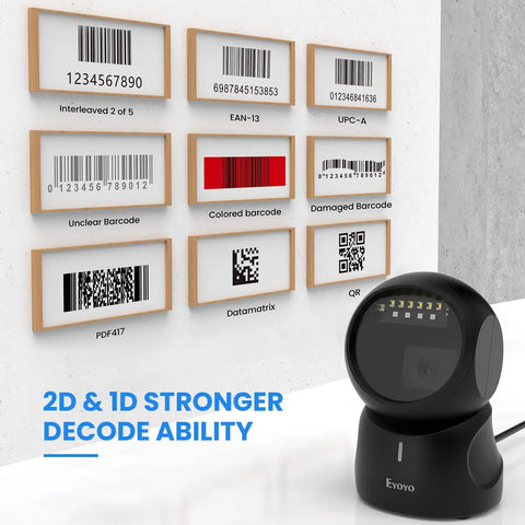 Hands Free 2D Barcode Scanner With USB Desktop Connection Omnidirectional QR Code Reader For POS Supermarket Library Retail And Bookstore Built For Fast Auto Scan And Sleep Wake For Zero Touch Operation on a counter with barcode samples.