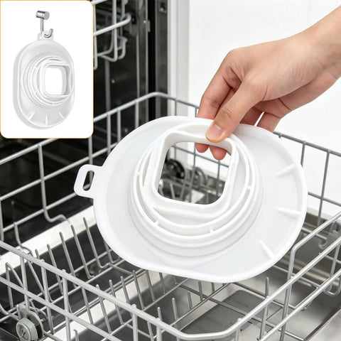 Foldable Silicone Funnel With Anti Splash Flow Hood for Ninja Slushie Machine, shown being placed in dishwasher for easy cleaning.