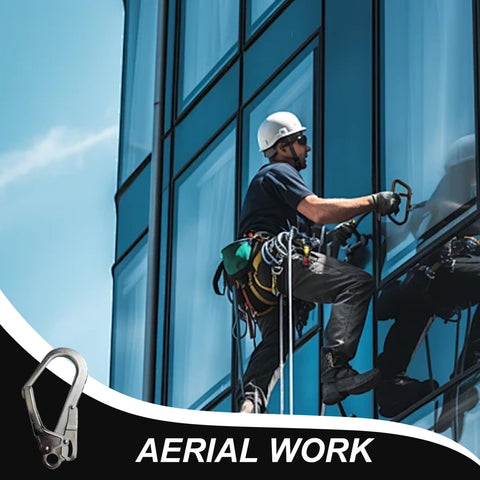 Worker uses Heavy Duty D Shape Snap Hooks With Alloy Steel Build Pro Grade Quick Locking Mechanism for window cleaning safety.