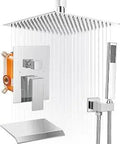 Ceiling Mount Shower System With 12 Inch Square Rainfall Head, Handheld Spray, And Waterfall Tub Spout, Chrome Finish, Brass Body
