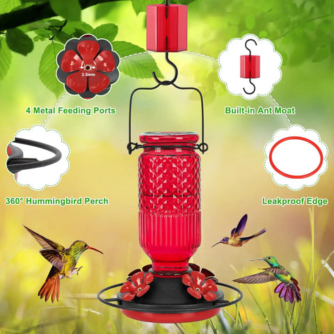 Glass Hummingbird Feeder With Ant Moat And Bee Proof Ports 16 Oz Outdoor Hanging Bird Feeder With 360 Degree Perch