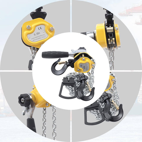 Compact Manual Chain Hoist Lever Block 0.25 Ton Capacity with lifting hook, anti-jam guide wheel, and handy knob in close-up view