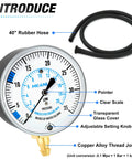 MEANLIN gas pressure test gauge kit front view with 0-35 inWC scale, 40-inch rubber hose and 1/8 in NPT fitting