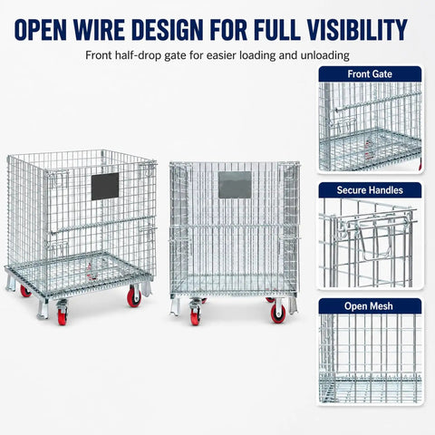 Hella Tough Collapsible Wire Storage Basket With Easy Roll Wheels Massive 3000 Pound Capacity Folding Metal Bin shown in open wire design.