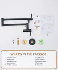 Matte Black Pot Filler Faucet Wall Mount Pro Grade Brass Construction Folding Stretchable Swing Arm Double Joint Single Hole Two Handles For Kitchen And Restaurant Use package contents displayed.