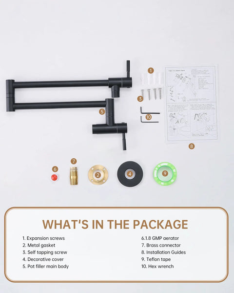Matte Black Pot Filler Faucet Wall Mount Pro Grade Brass Construction Folding Stretchable Swing Arm Double Joint Single Hole Two Handles For Kitchen And Restaurant Use package contents displayed.