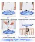 Step by step images showing assembly of Heavy Duty Deck Mounted Glass Bird Bath With Secure Adjustable Clamp for Garden Railing.