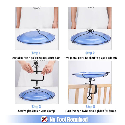 Step by step images showing assembly of Heavy Duty Deck Mounted Glass Bird Bath With Secure Adjustable Clamp for Garden Railing.