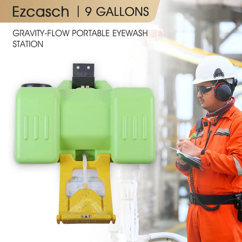 Heavy Duty Eyewash Station 9 Gallon Gravity Flow Wall Mounted Indoor Outdoor With Quick Activation OSHA Approved 35L Refillable Unit shown