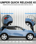 Universal Car Bumper Quick Release Kit With Front And Rear Clips on a blue car, highlighting bumper attachment areas