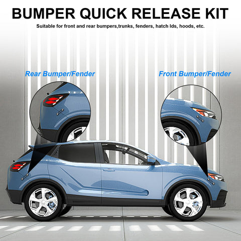 Universal Car Bumper Quick Release Kit With Front And Rear Clips on a blue car, highlighting bumper attachment areas