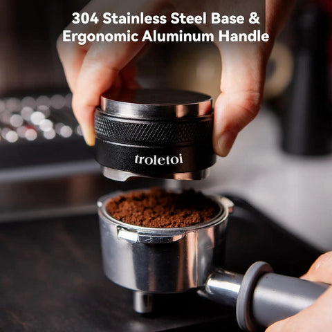 Level Up Your Home Cafe Setup With This Premium 58Mm Espresso Tamper And Coffee Distributor Bundle Including A Sharp WDT Tool For Even Distribution And Nailed Every Single Pull. Close-up of 58mm espresso tamper with stainless steel base on coffee grounds.
