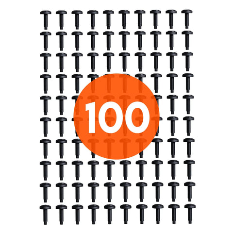 100-pack Rack Mount Screws 10 By 32 Steel with Attached Nylon Washers and Pilot Point Heads, Black Zinc Coated, displayed in grid