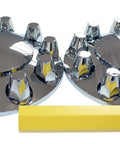 Chrome ABS Hubcap Front Axle Covers Set With 33mm Thread On Lug Nut Covers For Semi Trucks Dome Universal Fit For 20 22.5 24.5 Inch 10 Hole Wheels Built To Last Chrome Shine Easy Slip On Installation next to a yellow tool