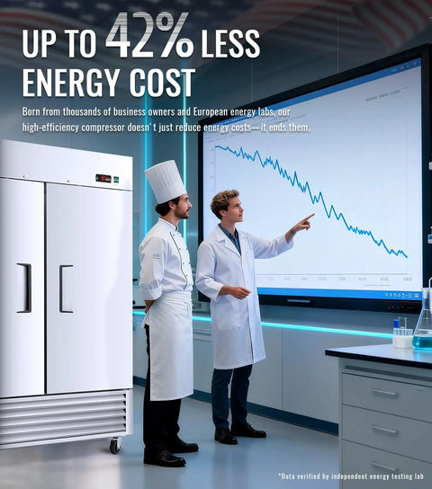 Top Tier Commercial Reach In Refrigerator Double Door Stainless Steel 49.6 Cubic Foot Straight Up Heavy Duty Kitchen Workhorse with energy efficiency display.