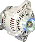 Front view of 12V 90A Drop In Alternator Replacement For Toyota Camry 1997 To 2001 Solara 1999 To 2001 RAV4 1996 To 2000 And Tacoma 2011 To 2015 With Internal Regulator OEM Part Number Compatible And Ready For A Beefy, Smooth, Reliable Power Upgrade, showcasing metal casing and pulley.