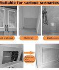 Heavy-Duty Aluminum Louvered Wall Grille Air Return Vent Cover for Living Rooms, Bathrooms, and Factories With Removable Access Hatch for Easy Maintenance and Dent-Resistant, Durable Metal Construction installed in wall cabinet, hallway, and bathroom
