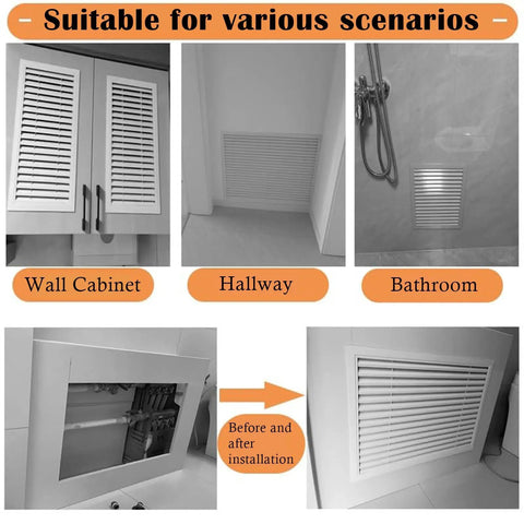 Heavy-Duty Aluminum Louvered Wall Grille Air Return Vent Cover for Living Rooms, Bathrooms, and Factories With Removable Access Hatch for Easy Maintenance and Dent-Resistant, Durable Metal Construction installed in wall cabinet, hallway, and bathroom