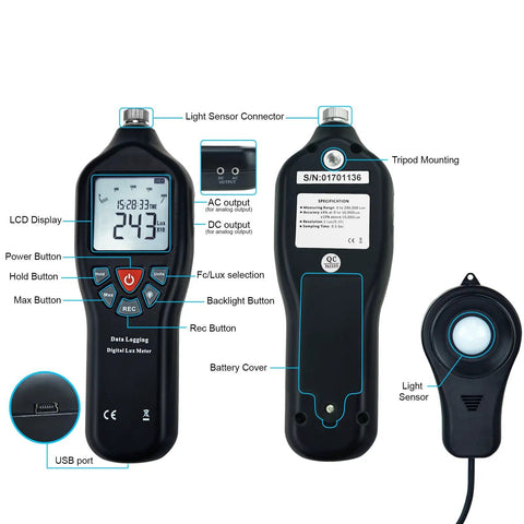 Digital Light Meter With Data Logging For Illuminance In Lux And Foot Candles, 0 To 200000 Lux Auto Ranging, Detachable Sensors, Dope For Home Office Lab Classroom And Outdoor Light Checks, front and back view