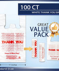 White Thank You Plastic Grocery Bags 11 By 6 By 21 Inches 100 Pack Reusable And Disposable Supermarket Bags shown with dimensions.