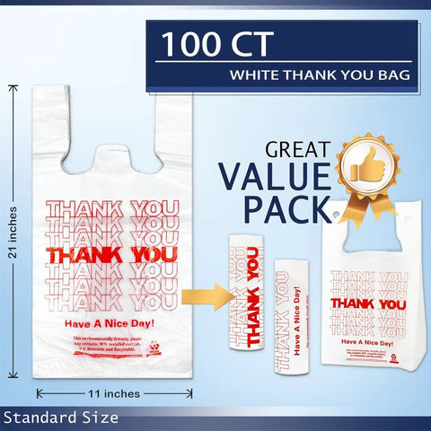 White Thank You Plastic Grocery Bags 11 By 6 By 21 Inches 100 Pack Reusable And Disposable Supermarket Bags shown with dimensions.