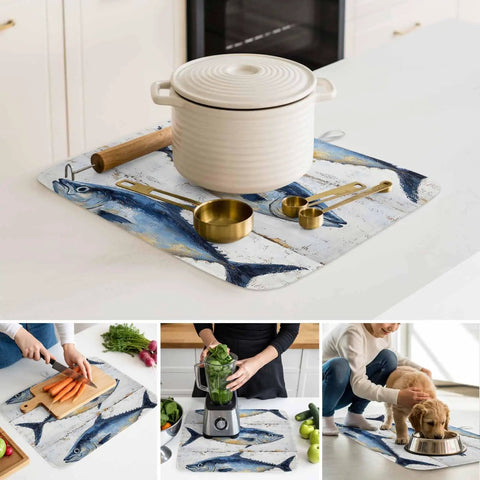 Blue Tuna Oil Painting Dish Drying Mat for Kitchen Counter with pot and utensils, showcasing microfiber cushioned surface.