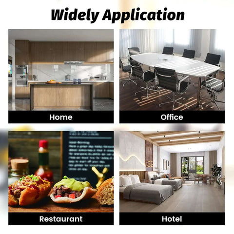 Collage showing coffee urn use in home, office, restaurant, and hotel settings for wide application of 65-Cup Commercial Coffee Urn.