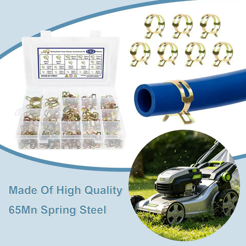 152 Piece Spring Band Hose Clamp Kit With Pliers, 16 Sizes Auto Hose Clamps box, clamps on hose, lawnmower in background