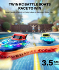 Dual RC Boat Battle Pack For Kids 8 To 12 With LED Lights racing in pool, featuring two boats and finish line, summer fun.