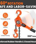 Built Tough 3 Ton Manual Lever Hoist Packed With G80 Galvanized Chain Dual Swivel Hooks And Lockdown Brake System showing 360° handle rotation.
